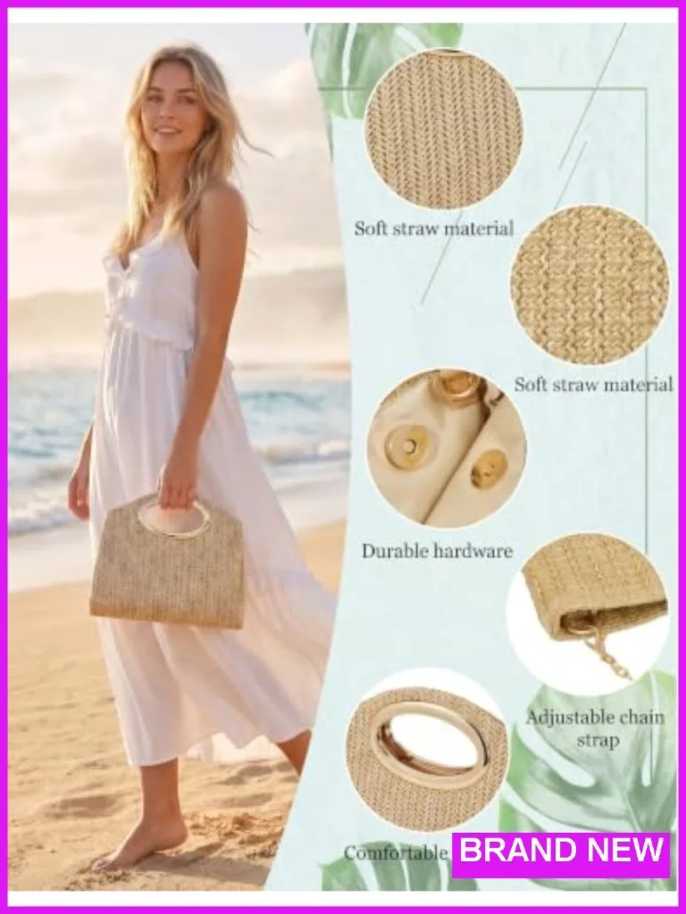 Women Straw Clutch Purse Evening Handbag Woven Ring Handle - New